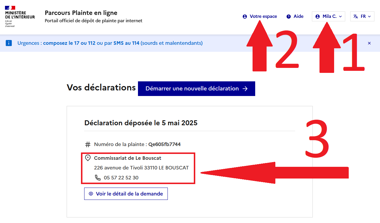oosition du numéro téléphone du service traitant