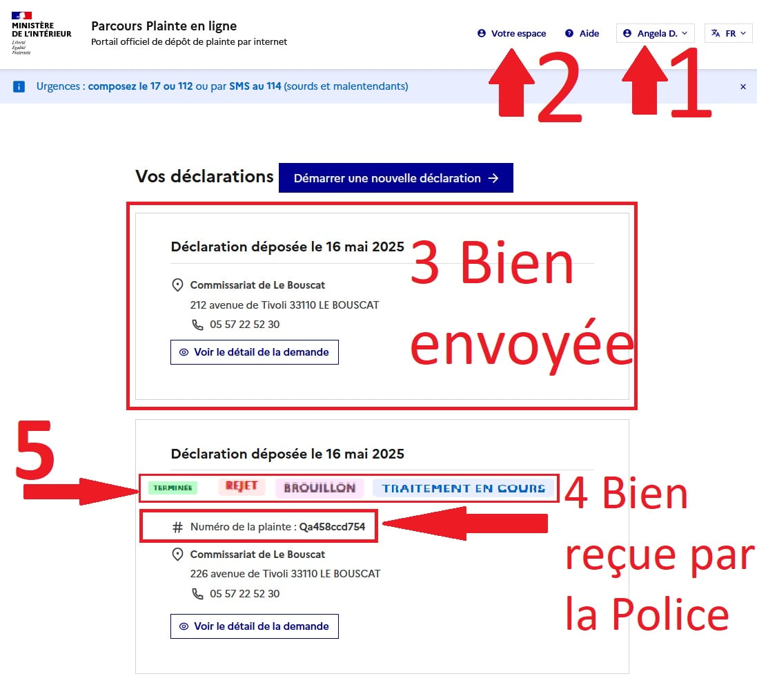 bien envoyée; bien récptionné; status