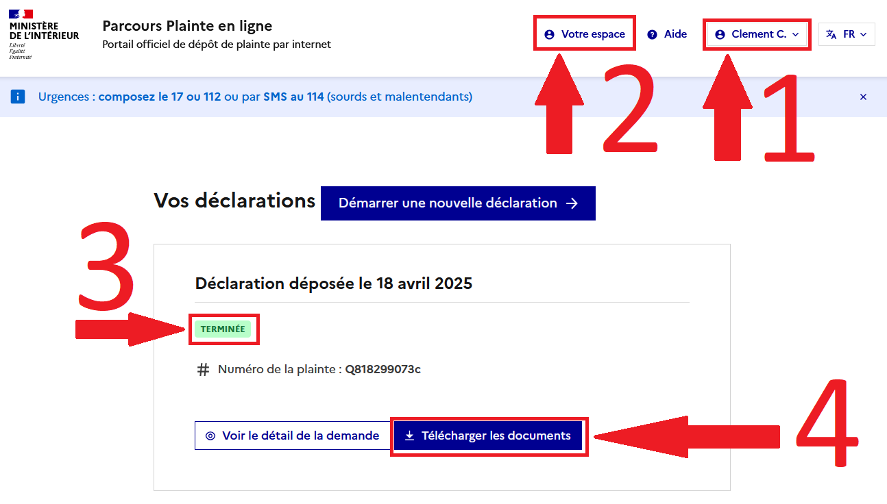 photo qui montre l'emplacement et l'ordre des boutons ou il faut appuyer pour télécharger son Proces-verbal