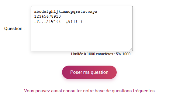 Caractères utilisables dans le service poser ma question à un conseiller