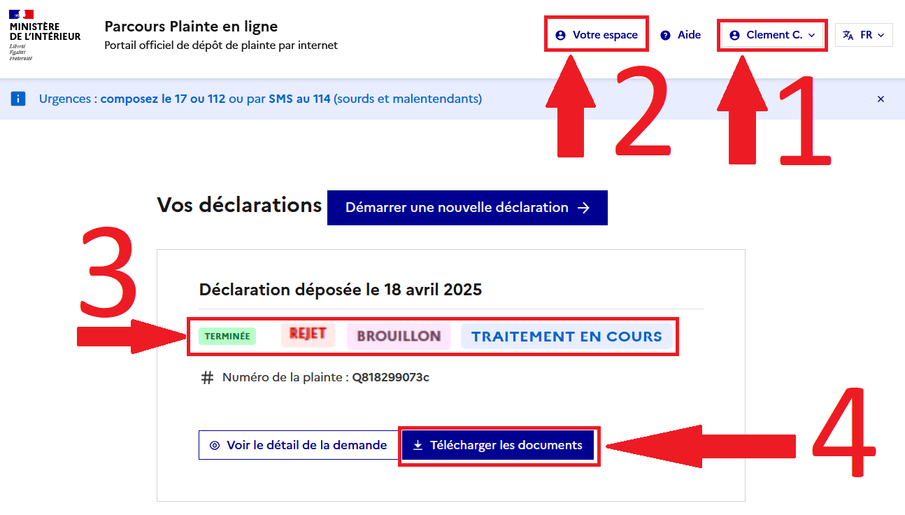 statut de la plainte en ligne . Bouton télécharger mon PV